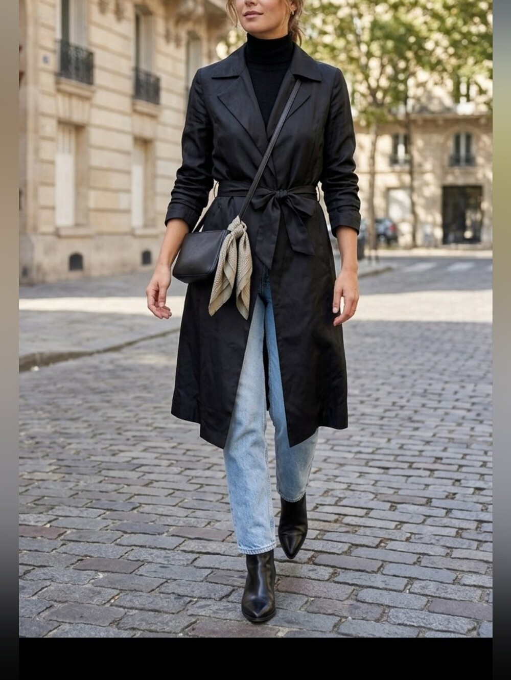 Fornash 100% Silk Black Trench Coat Jacket Belted Sleek Minimalist Vintage